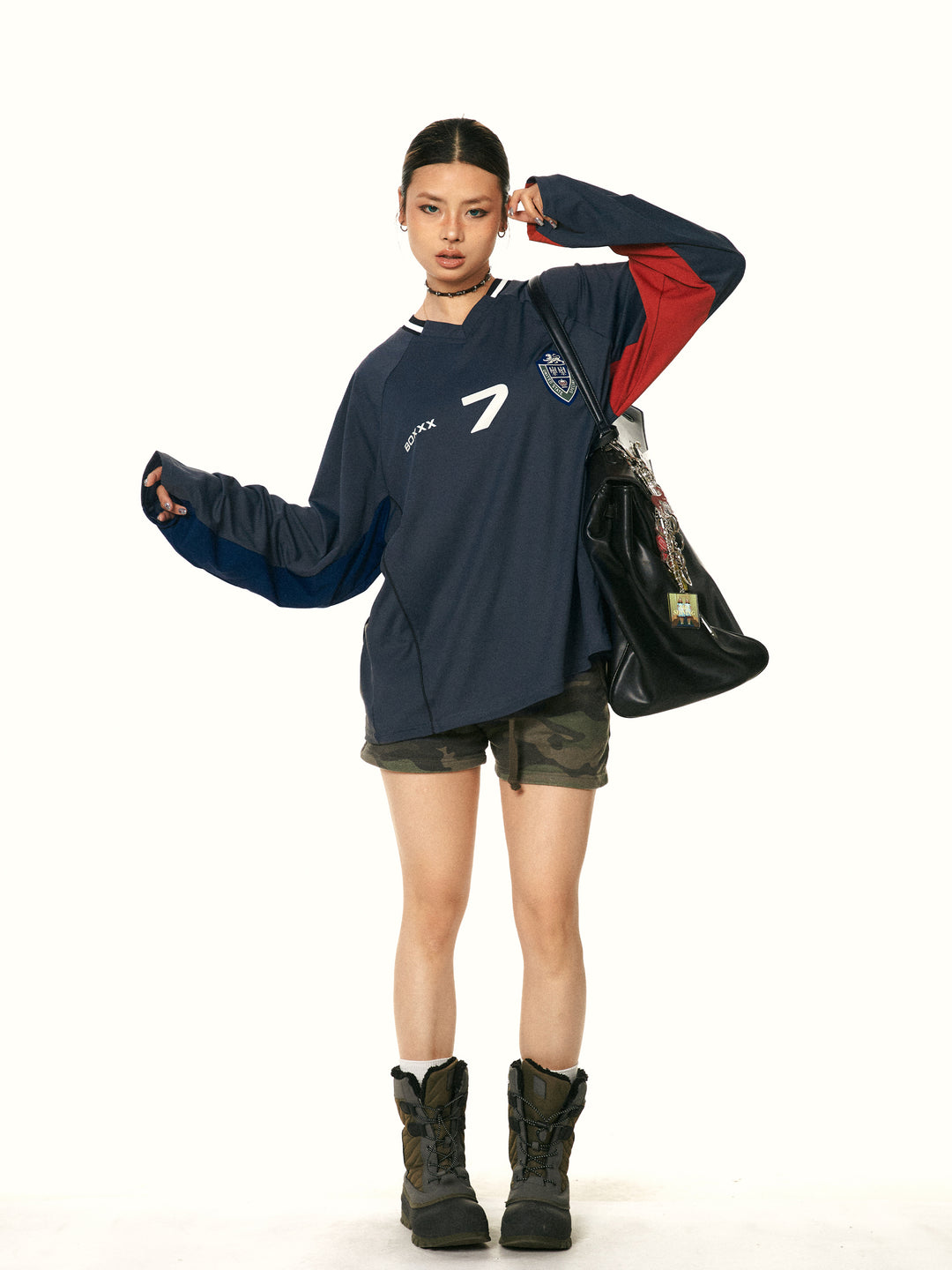 Retro V-Neck Long-Sleeve Jersey Top