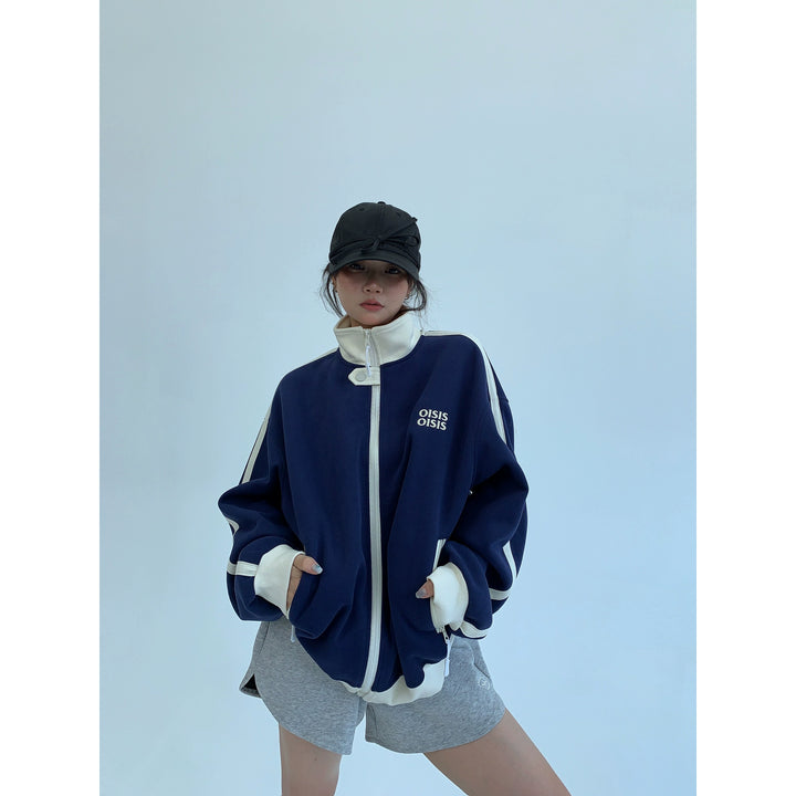 Contrast Stitch Stand Collar Zip Jacket