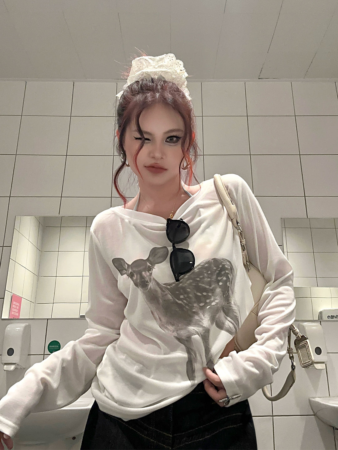 Off-Shoulder Sika Deer Print Blouse