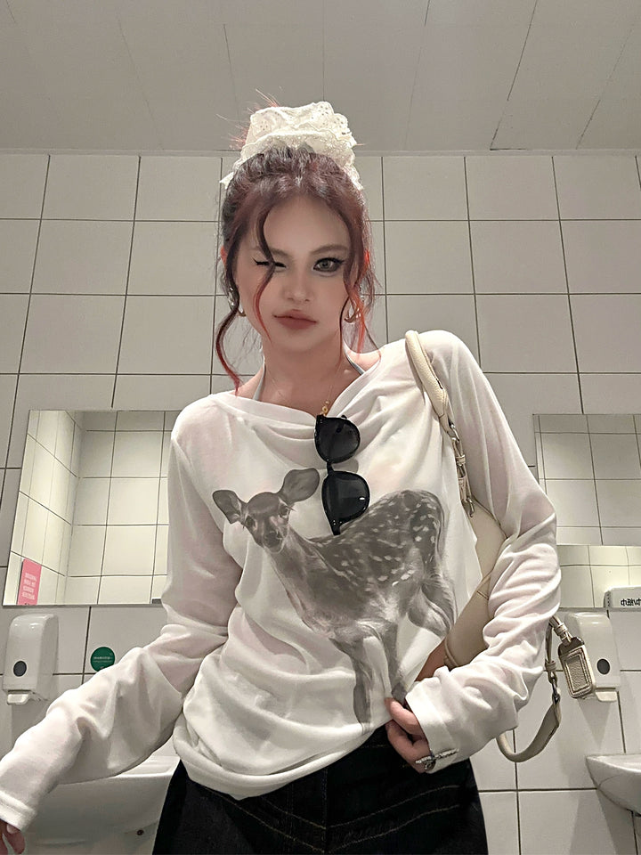 Off-Shoulder Sika Deer Print Blouse