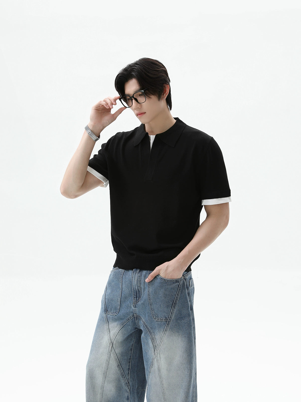 طقم سترة بولو قصيرة الأكمام محبوكة 