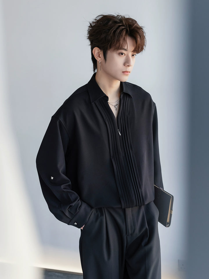 브이넥 긴팔 주름 셔츠 