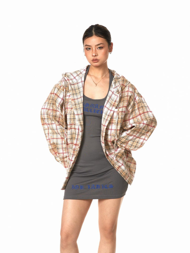 Loose Retro Hooded Plaid Shirt Jacket
