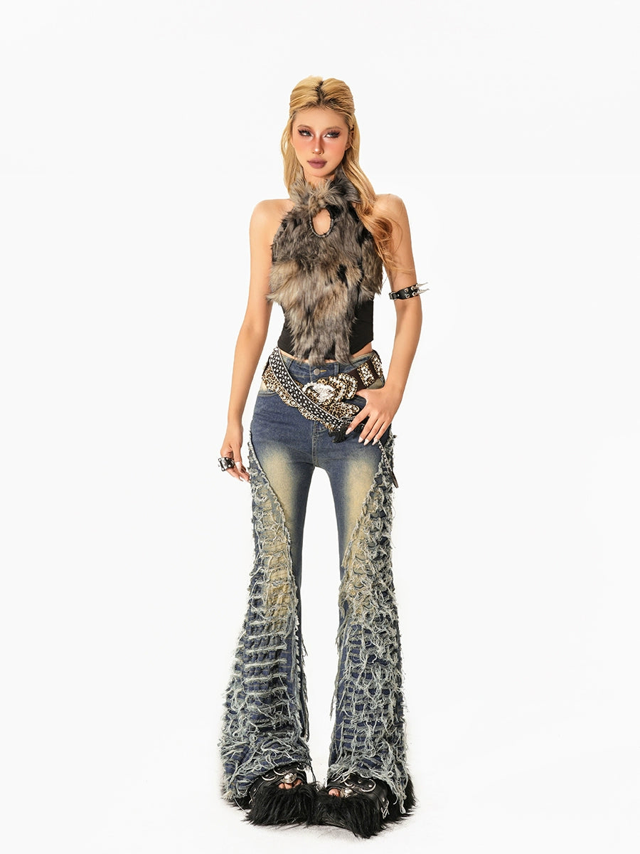 Distressed Flared Tassel Retro Pants