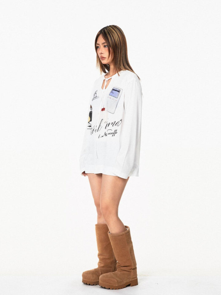 Printed V-Neck Long-Sleeve Casual Top