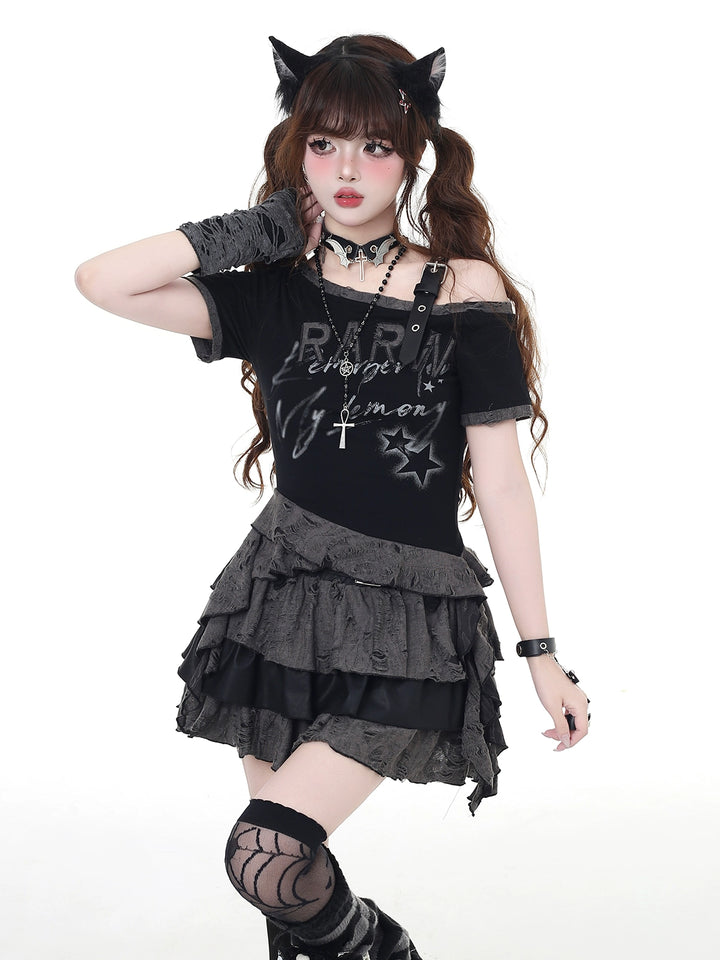 Blusa de Gola Alta Justa com Ombros de Fora e Efeito Desgastado 