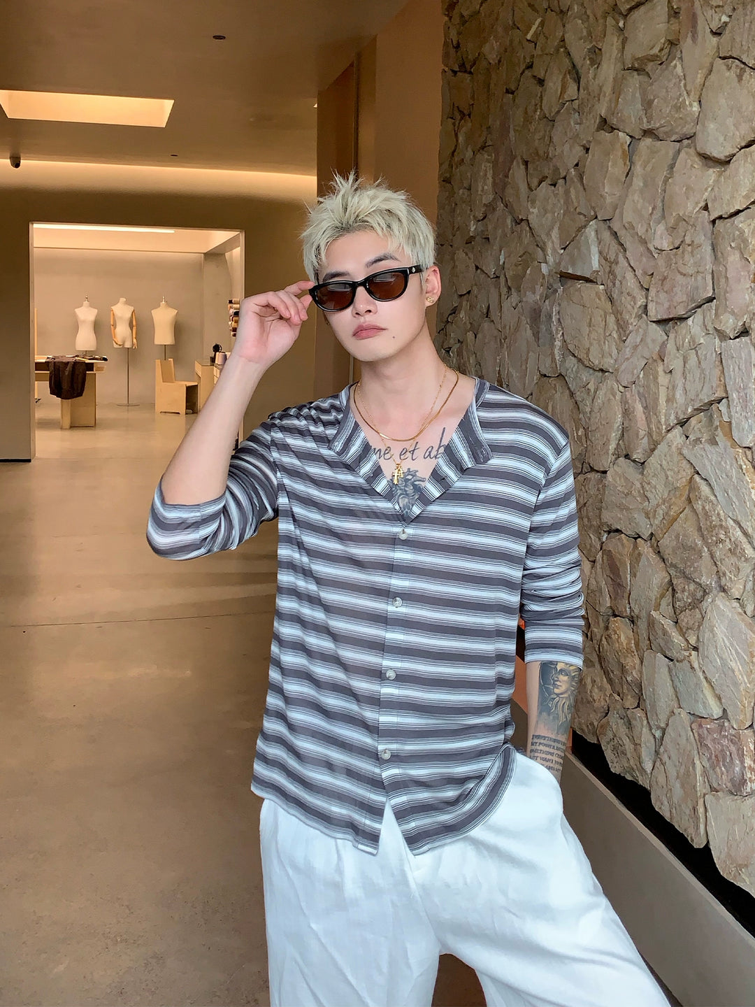 Button-front Striped Knitted Cardigan