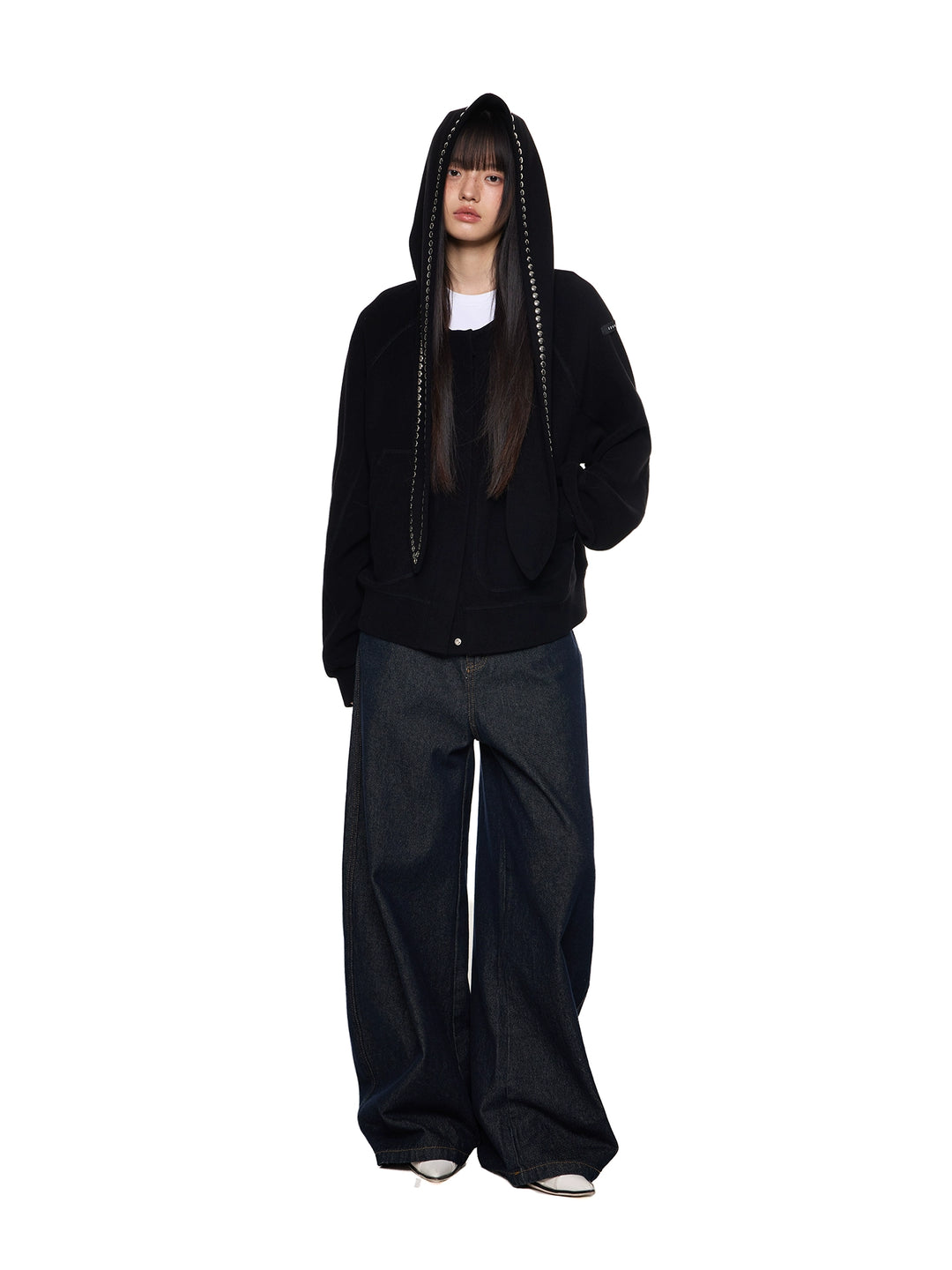 Rivet Hooded Rabbit Ear Sweatshirt Cardigan