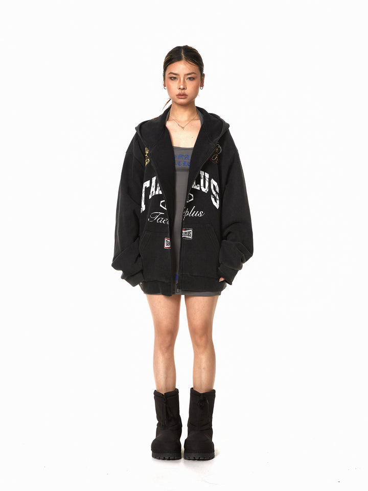 Retro Badge Print Hooded Cardigan