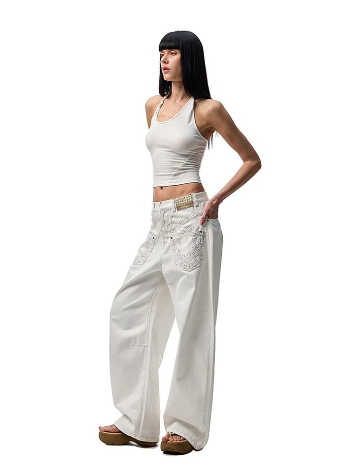 Distressed Low-Waist Wide Leg Pants