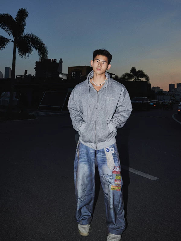 Faux Ripped Casual Zip-Up Hoodie