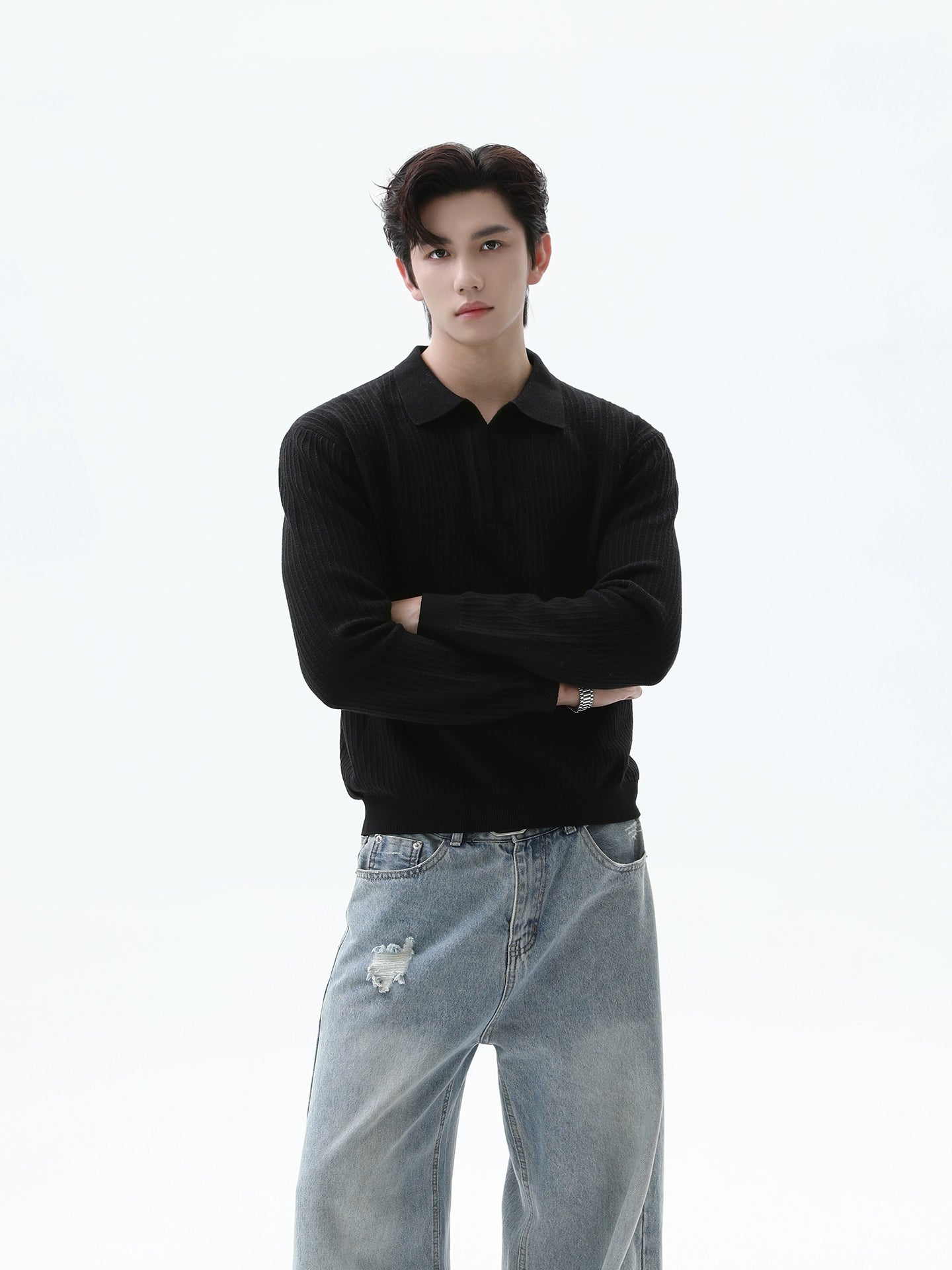 Kanalı Düz Örgü Uzun Kollu Polo Kazak 