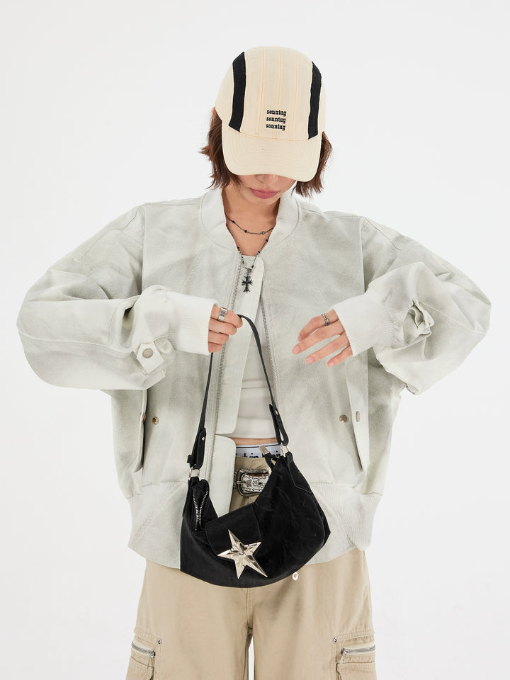 Vintage Distressed PU Leather Bomber Jacket