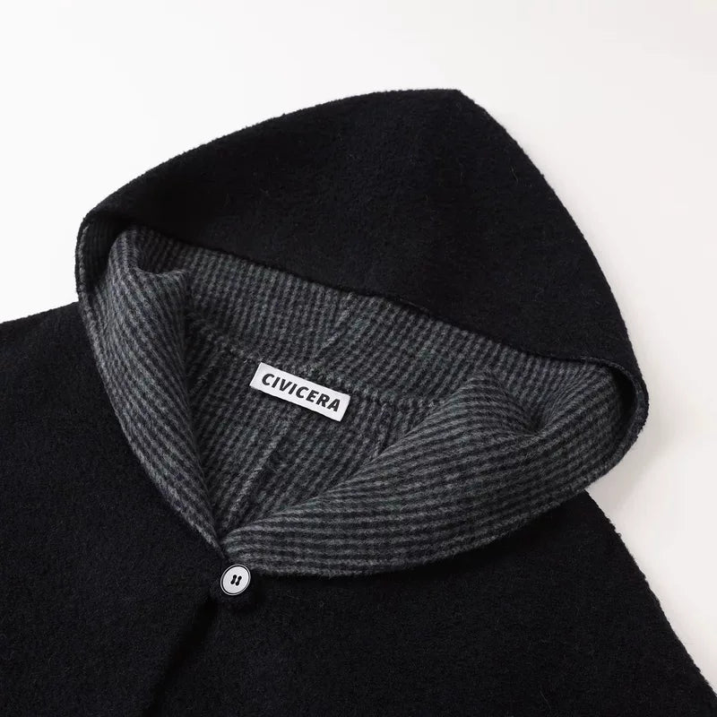 Casaco de Lã e Cashmere com Capuz de Comprimento Médio 