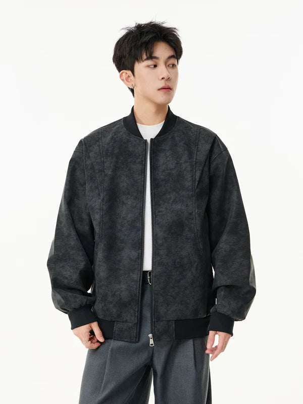 جاكيت بيسبول بسحاب من الجلد المدبوغ العتيق 