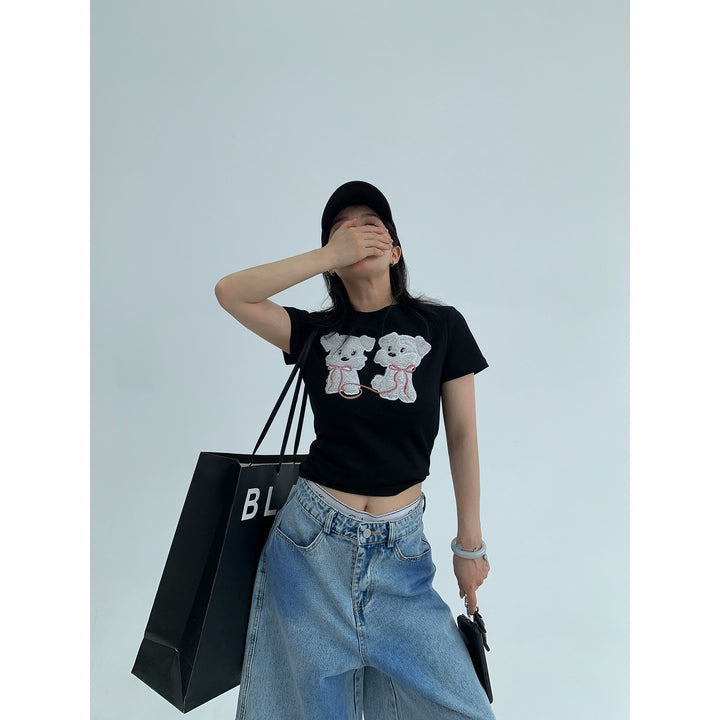 Cartoon Dog Embroidery Short Sleeve Top