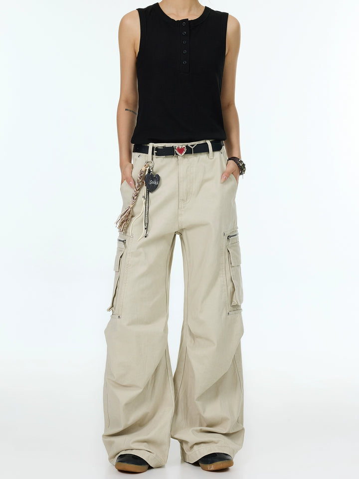 Pantalones cargo casual de campana con múltiples bolsillos 