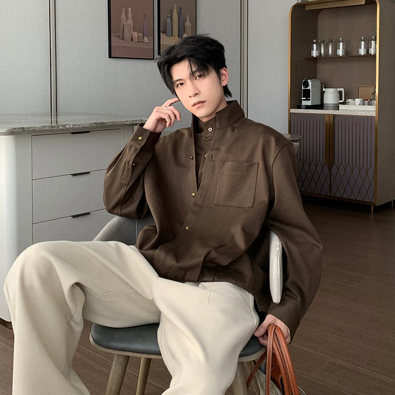 Stand Collar Faux Two-Piece Loose Shirt