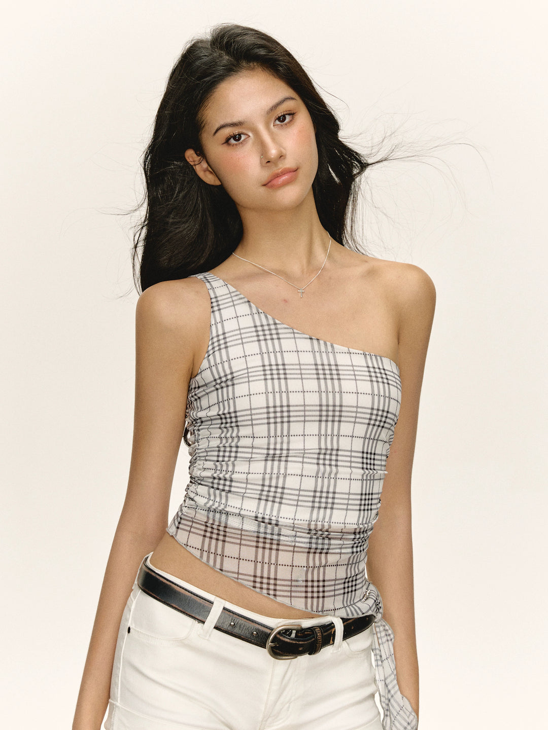 Plaid One Shoulder Fitted Tank Top