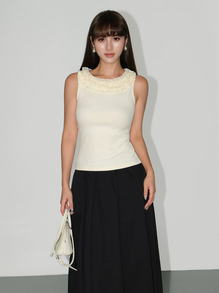 Ruffle Neck Lace Knit Sleeveless Top