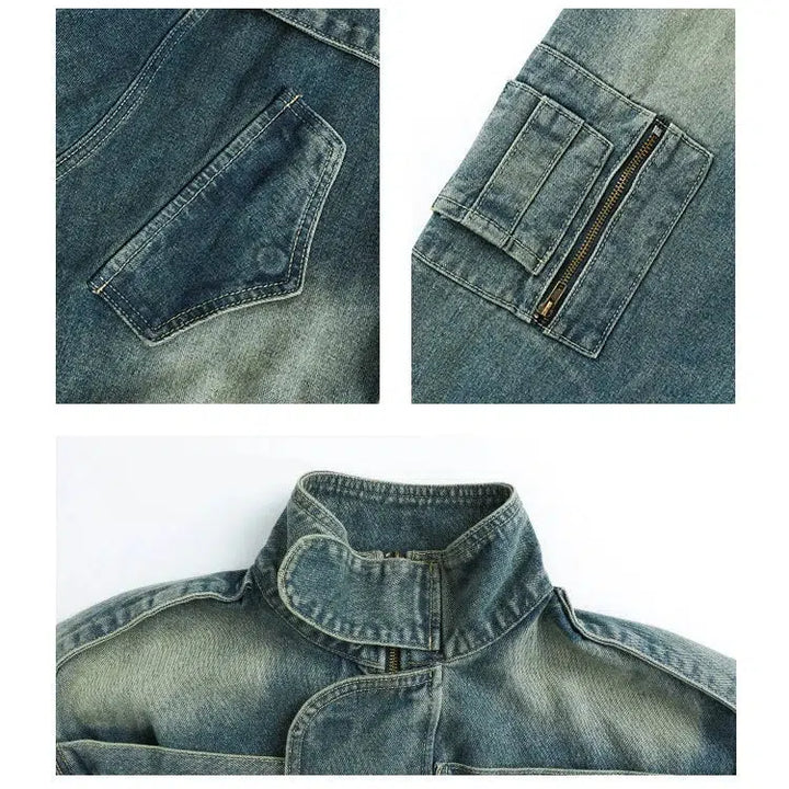 Distressed Stand Collar Denim Jacket Pants Set