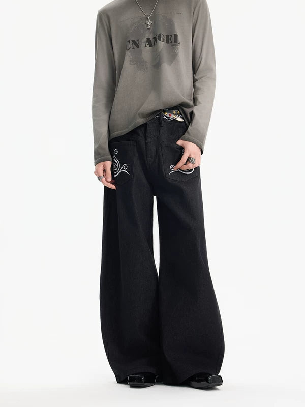자수 장식 와이드 레그 데님 팬츠 