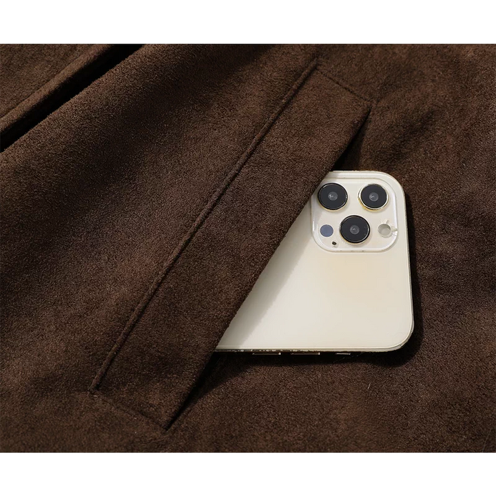 Chaqueta de ante forrada de forro polar con ribete de piel de leopardo 