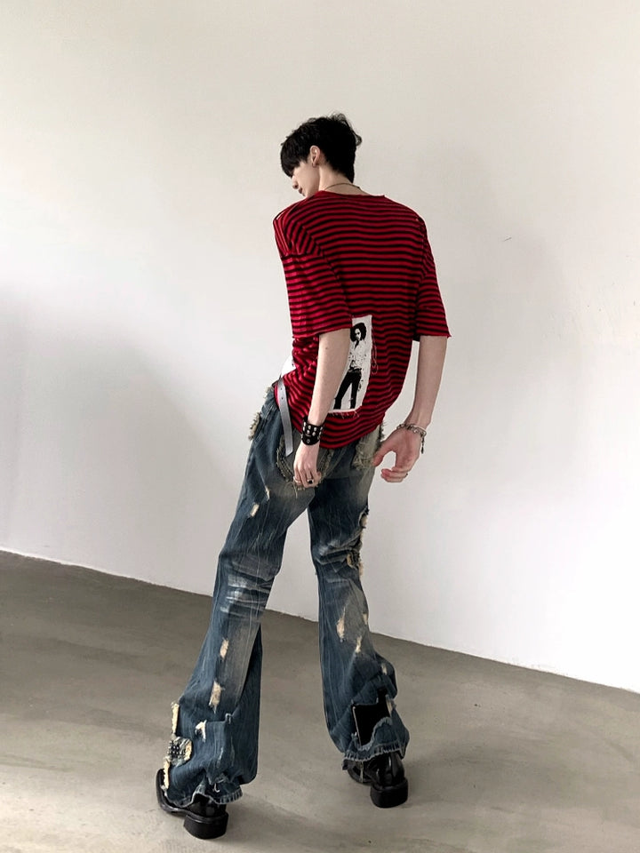 Striped Punk Ripped Portrait Patch T-shirt
