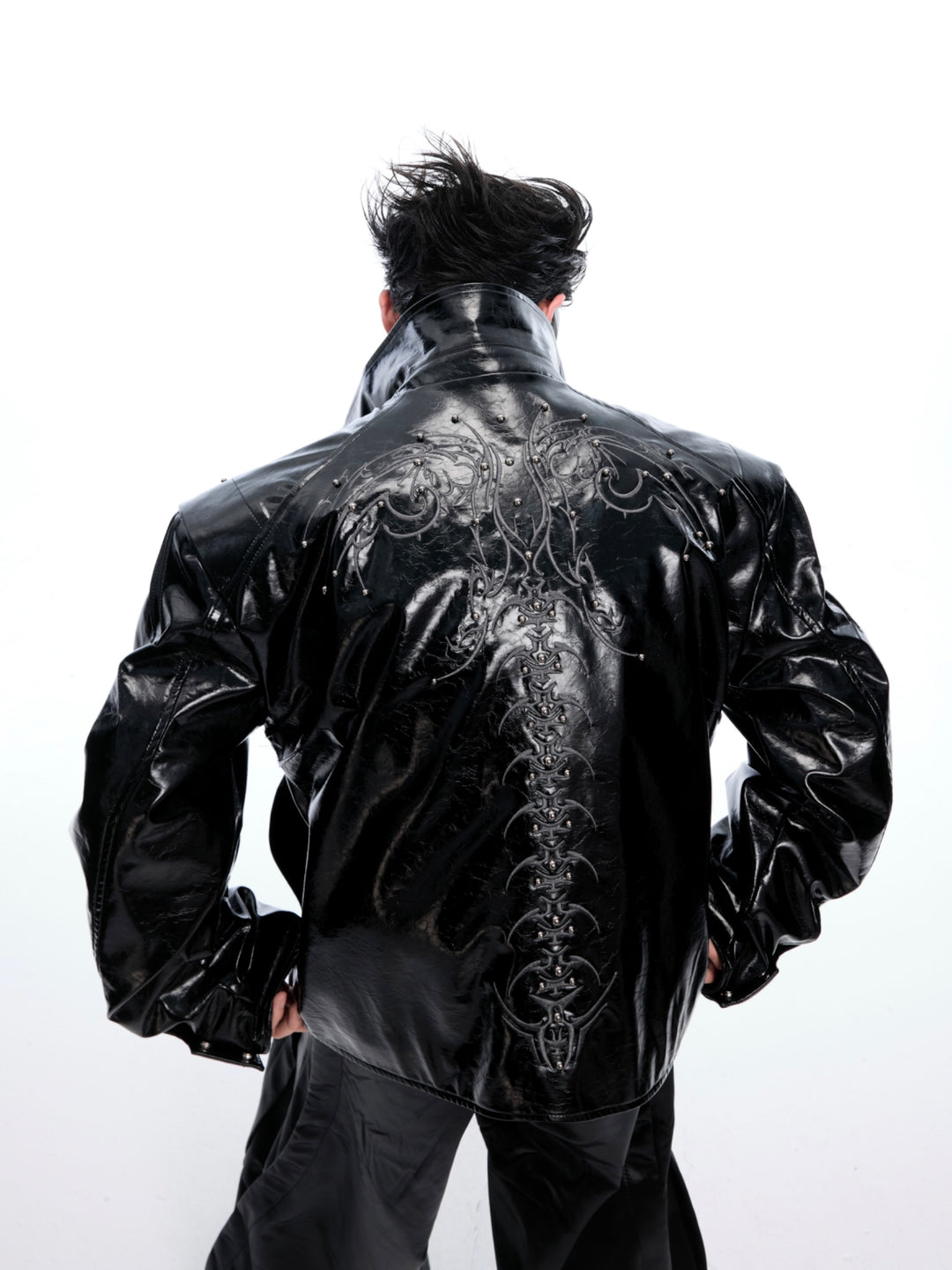 Rivet Embroidery Leather Jacket
