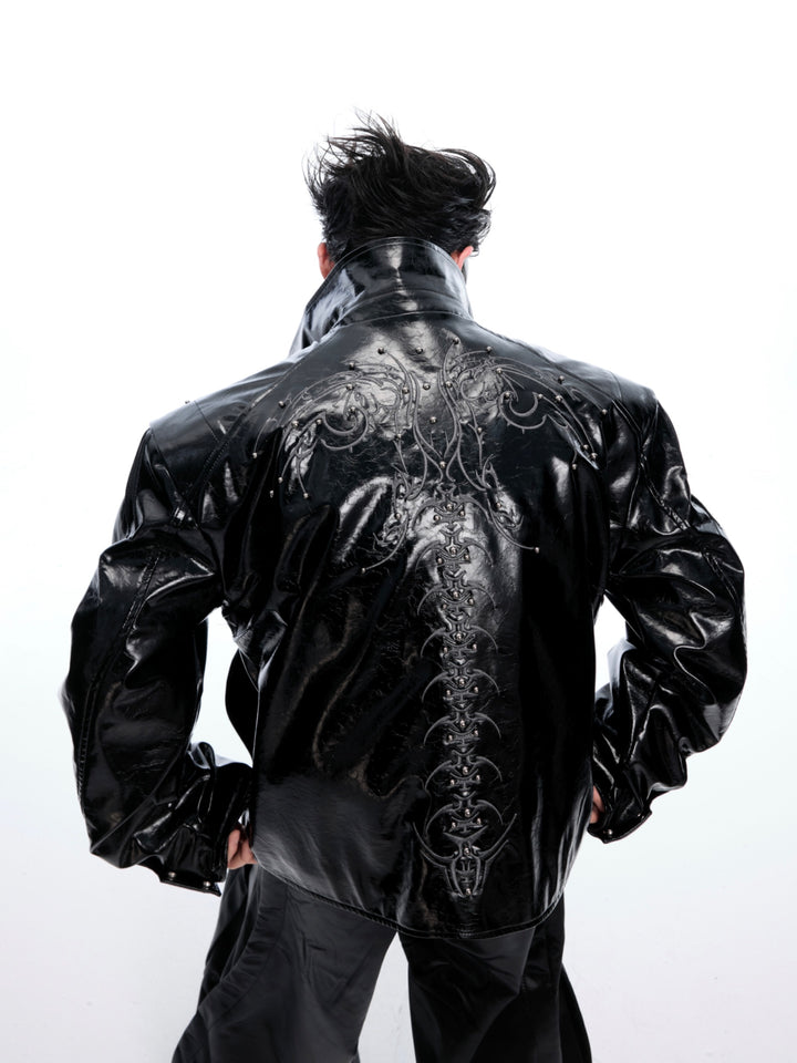 Rivet Embroidery Leather Jacket