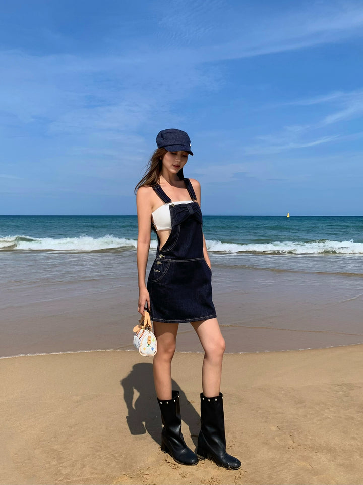 Denim Overall Skirt with Bow Detail