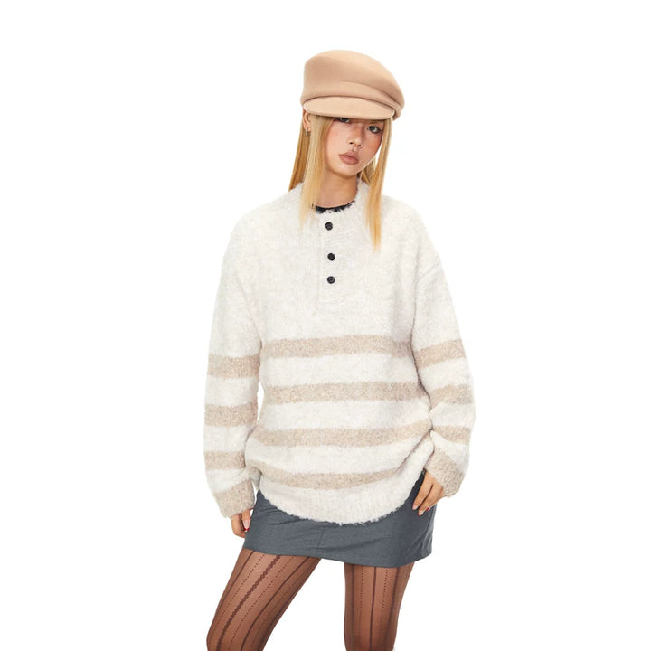Striped Henley Collar Knit Sweater