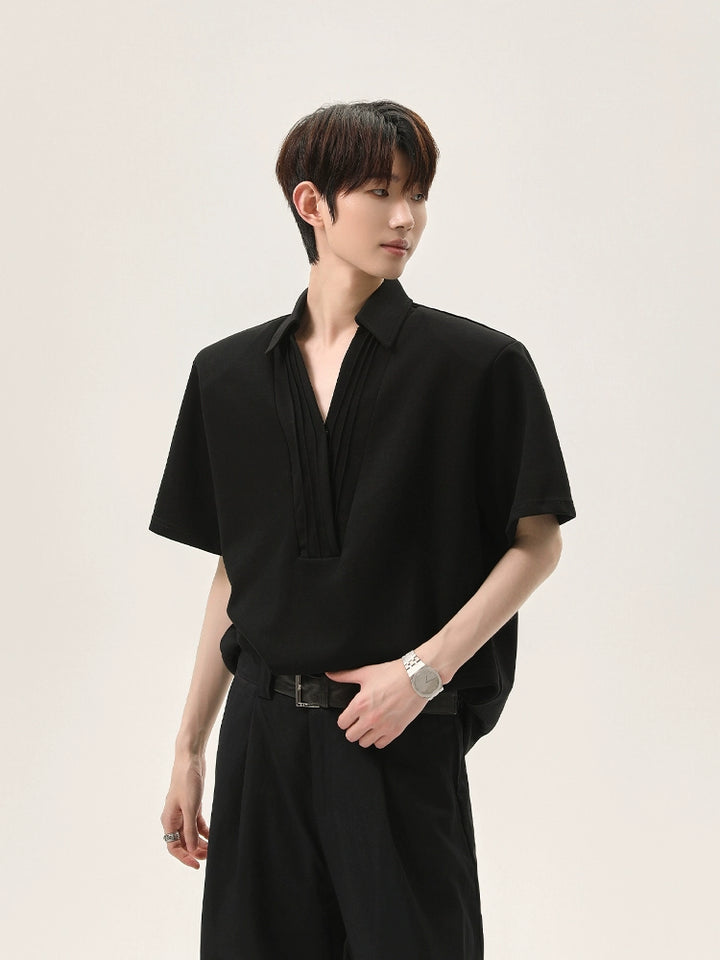 Pleated V-Neck Short Sleeve Pullover