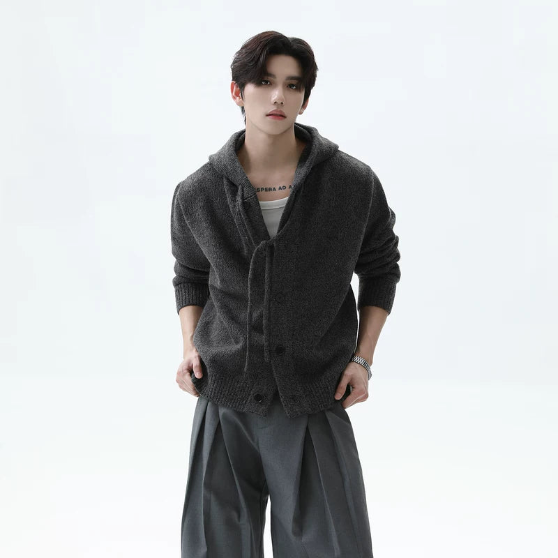Button Closure Hooded Knit Cardigan