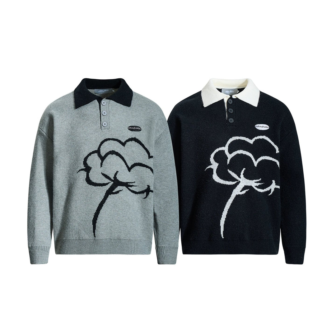 Graphic Design Lapel Knit Sweater