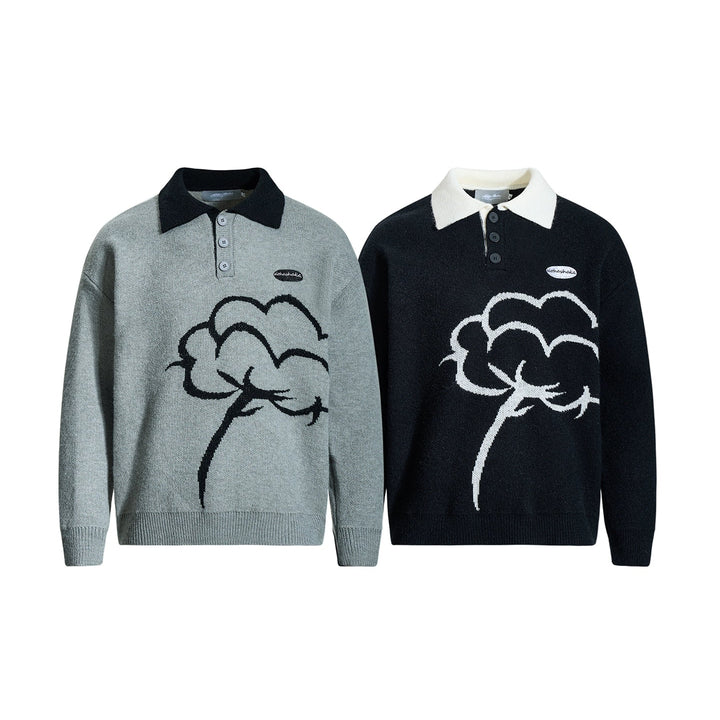 Graphic Design Lapel Knit Sweater