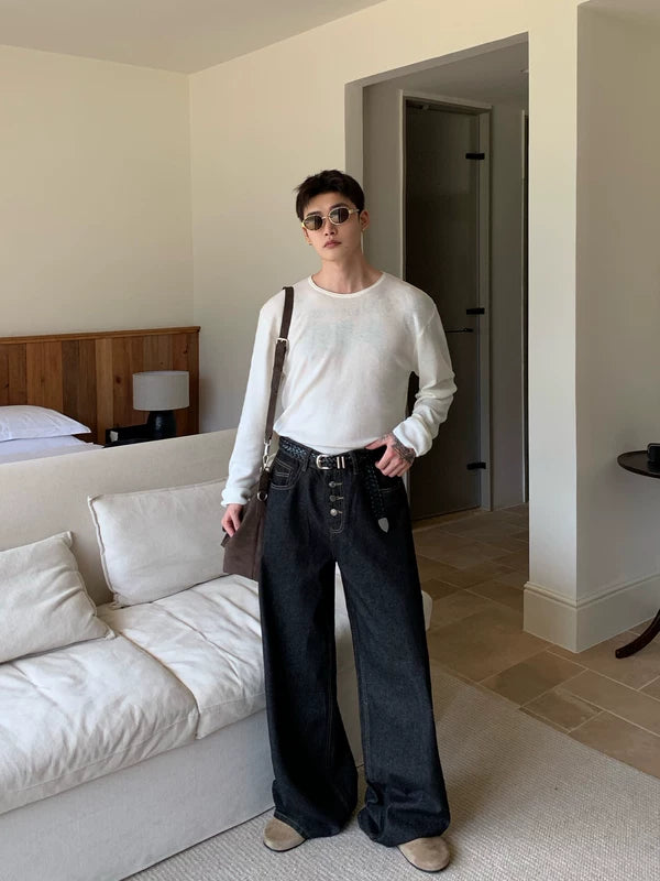 Pantalones de mezclilla de pierna ancha con cuatro botones 