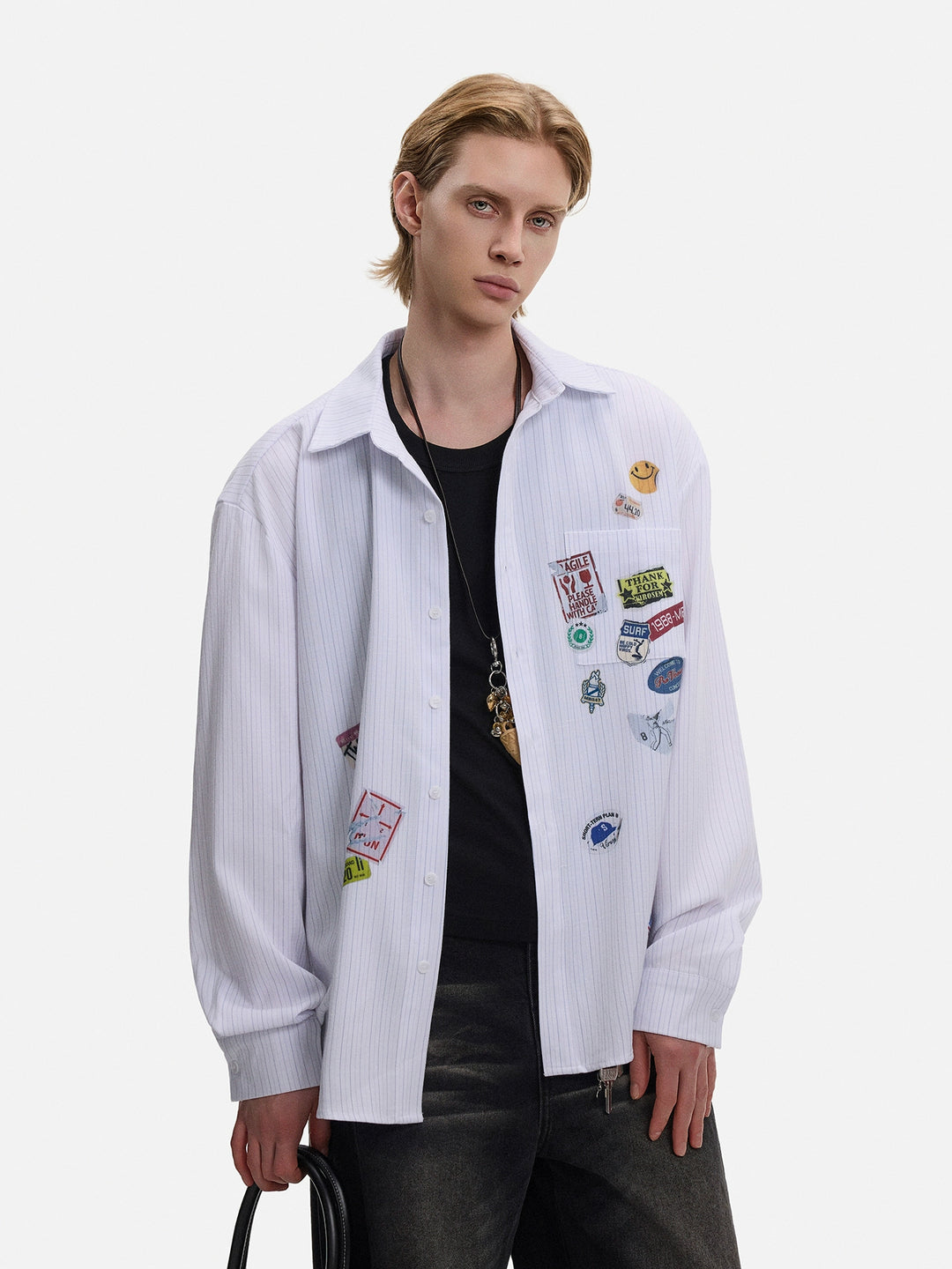 Striped Long-Sleeve Sticker Patch Shirt