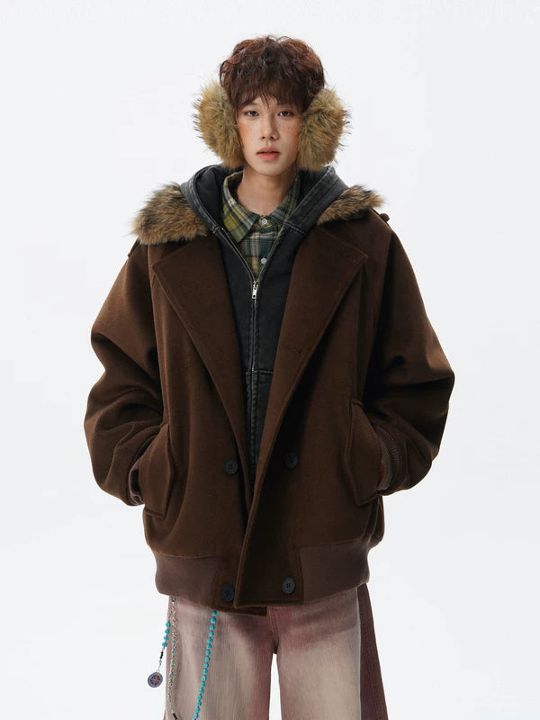 معطف صوف بقلنسوة مزودة بياقة فراء صناعية قابلة للإزالة 