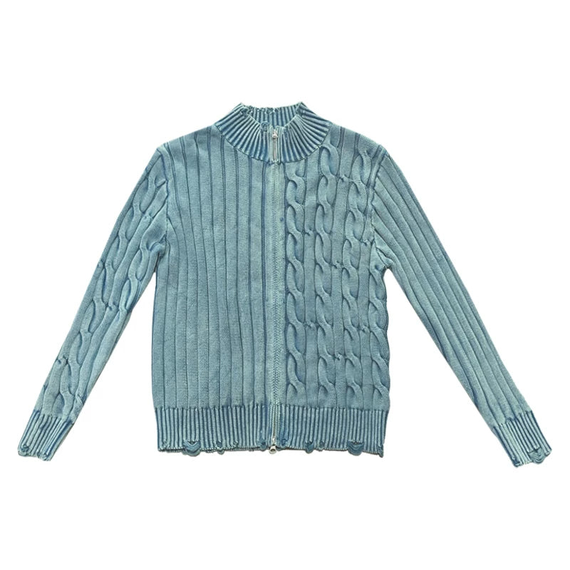 Pull en maille torsadée usé à zip 