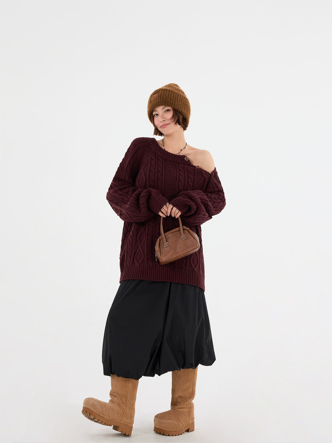 Knappar Kabelstickad Off-Shoulder Tröja 