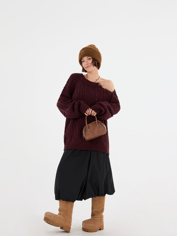 Knappar Kabelstickad Off-Shoulder Tröja 