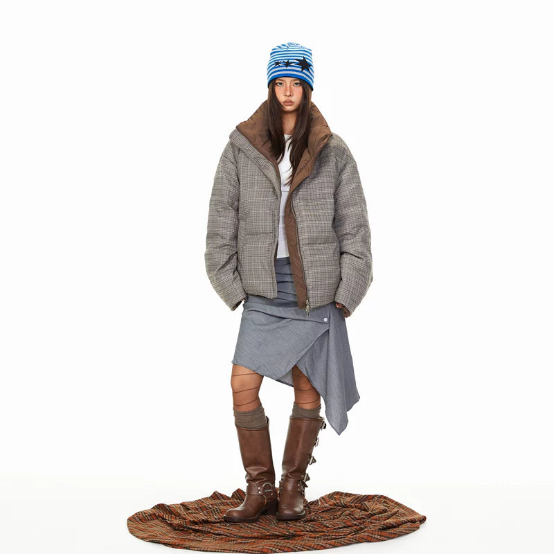 Plaid Reversible Stand Collar Down Jacket