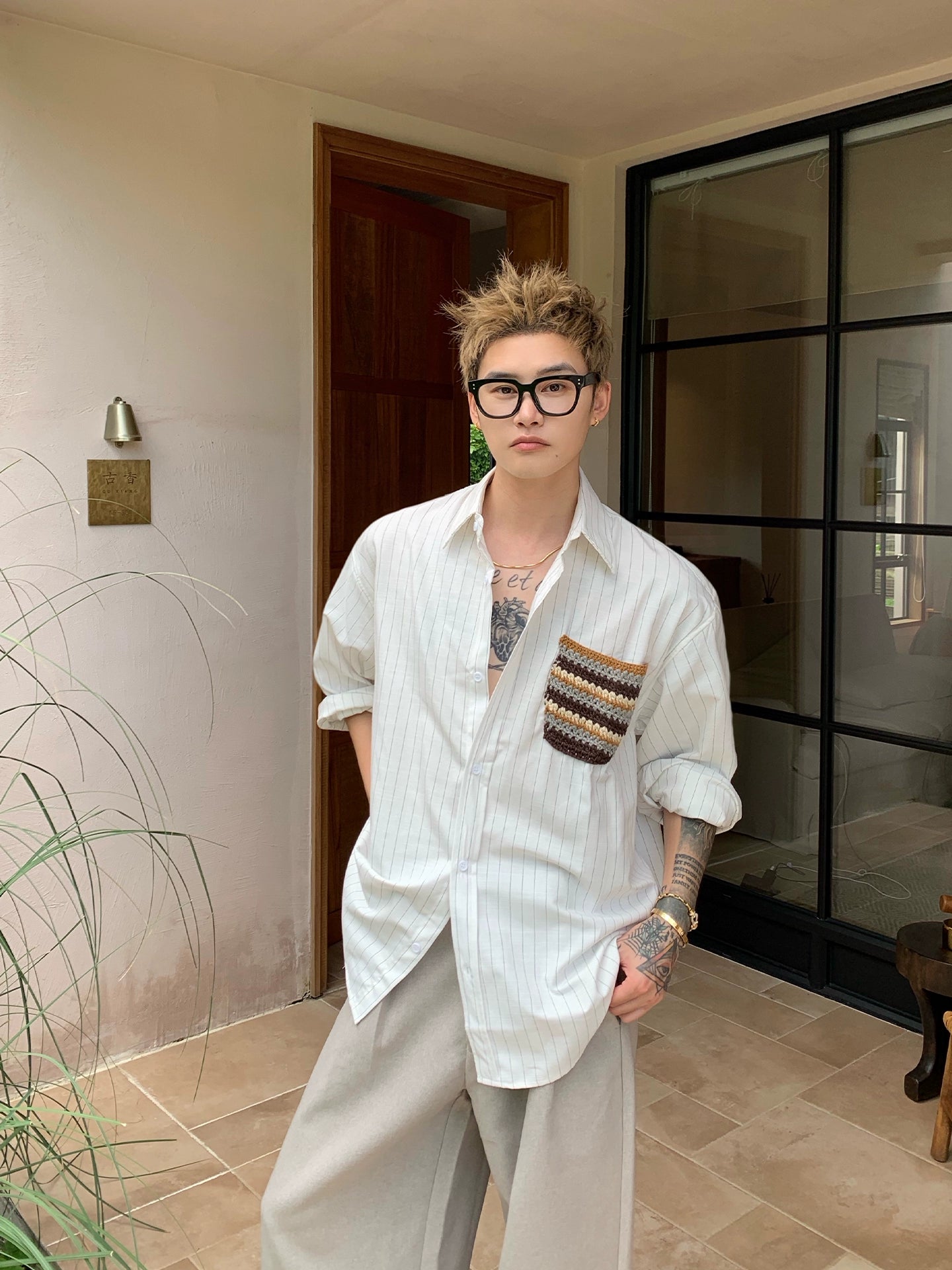 Örgü Çizgili Cep Uzun Kollu Gömlek 