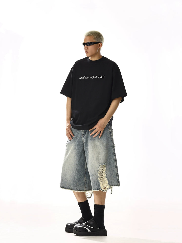 Ripped Denim Wide-Leg Cropped Shorts