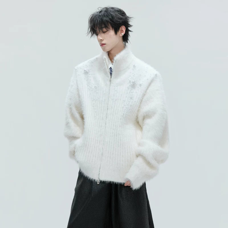 Plush High-Neck Pearl Embellished Cardigan