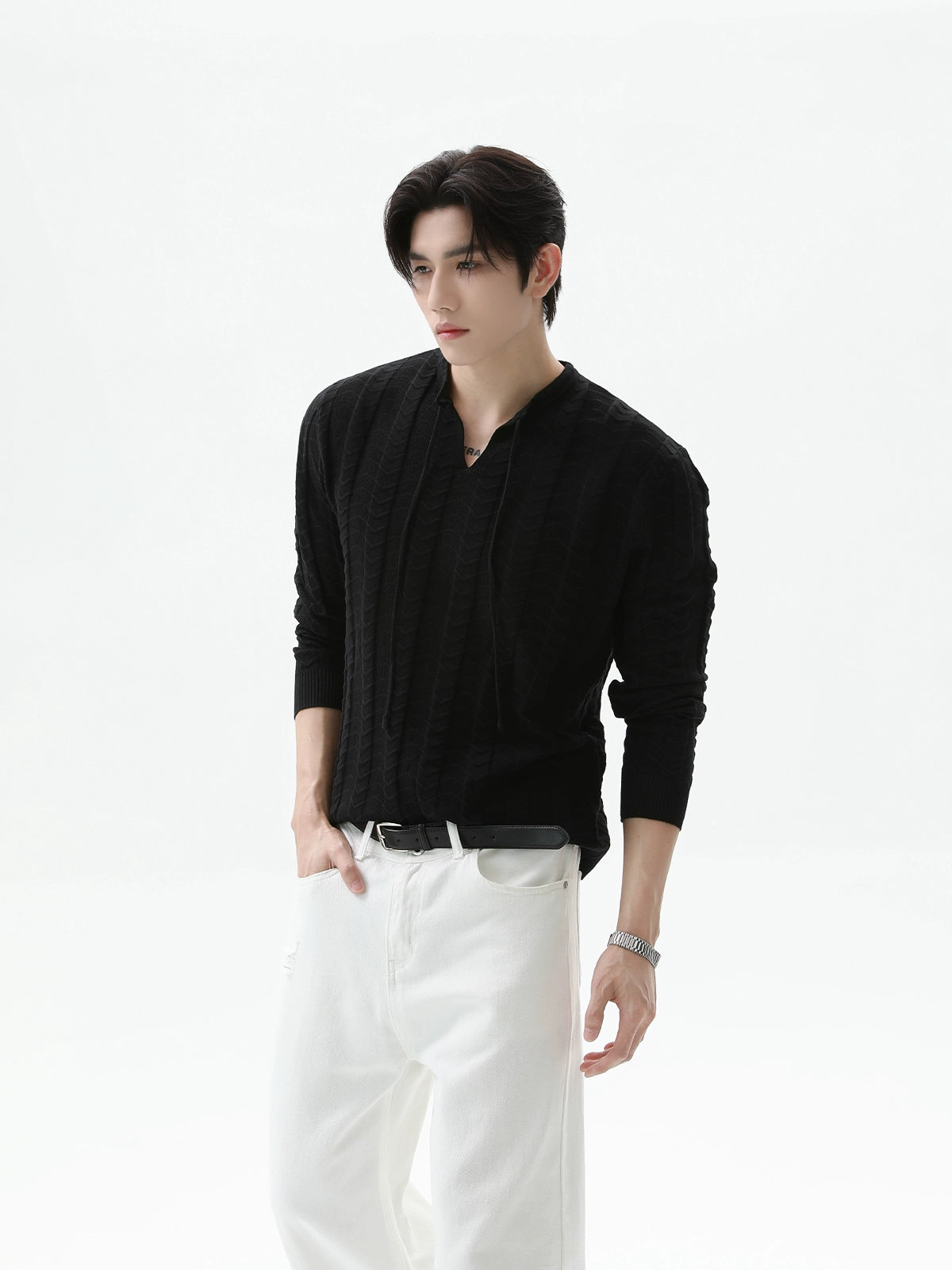 Solid Color Textured V-Neck Pullover