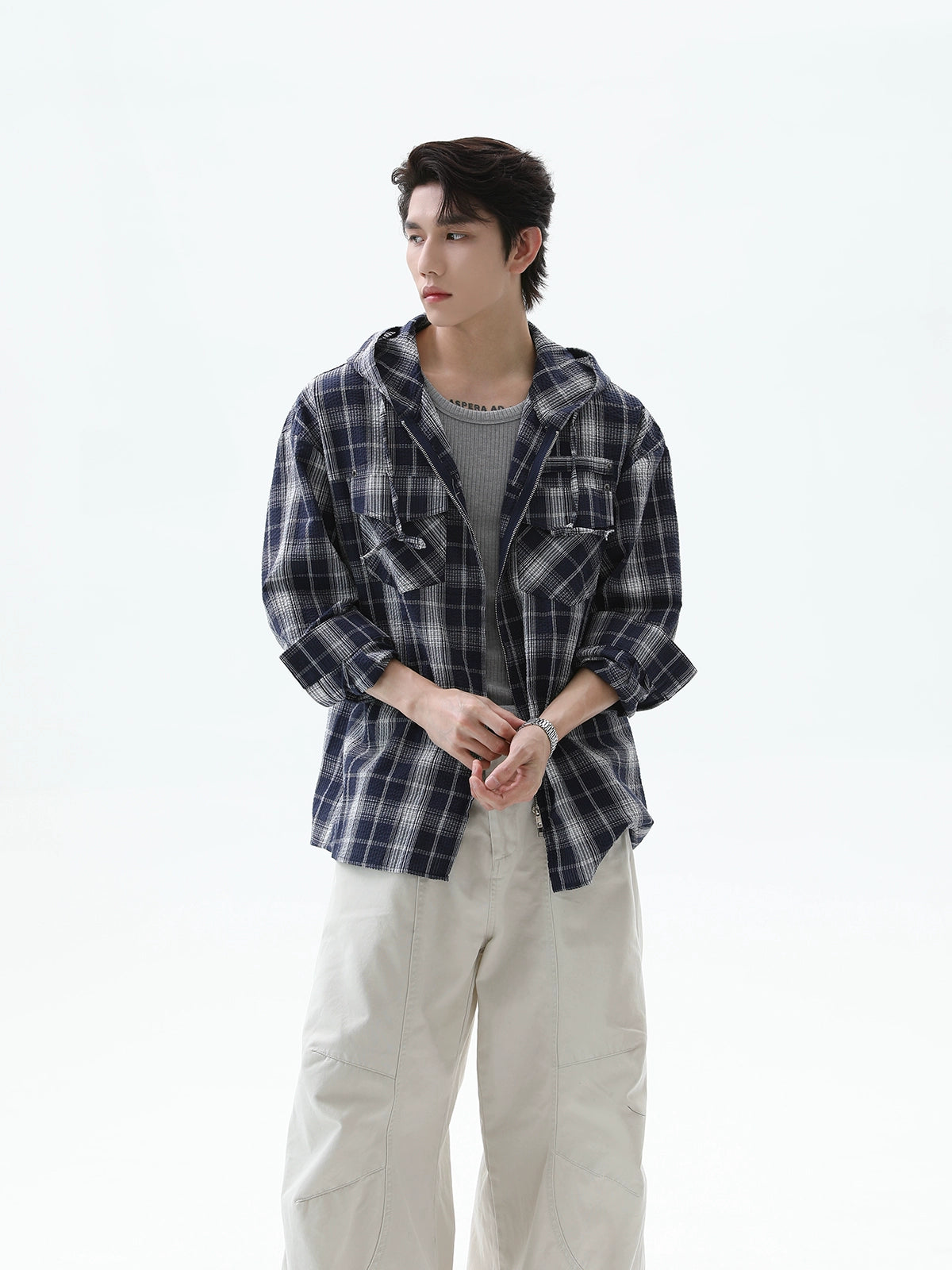 Cep detaylı Ekose Kapüşonlu Gömlek Ceket 