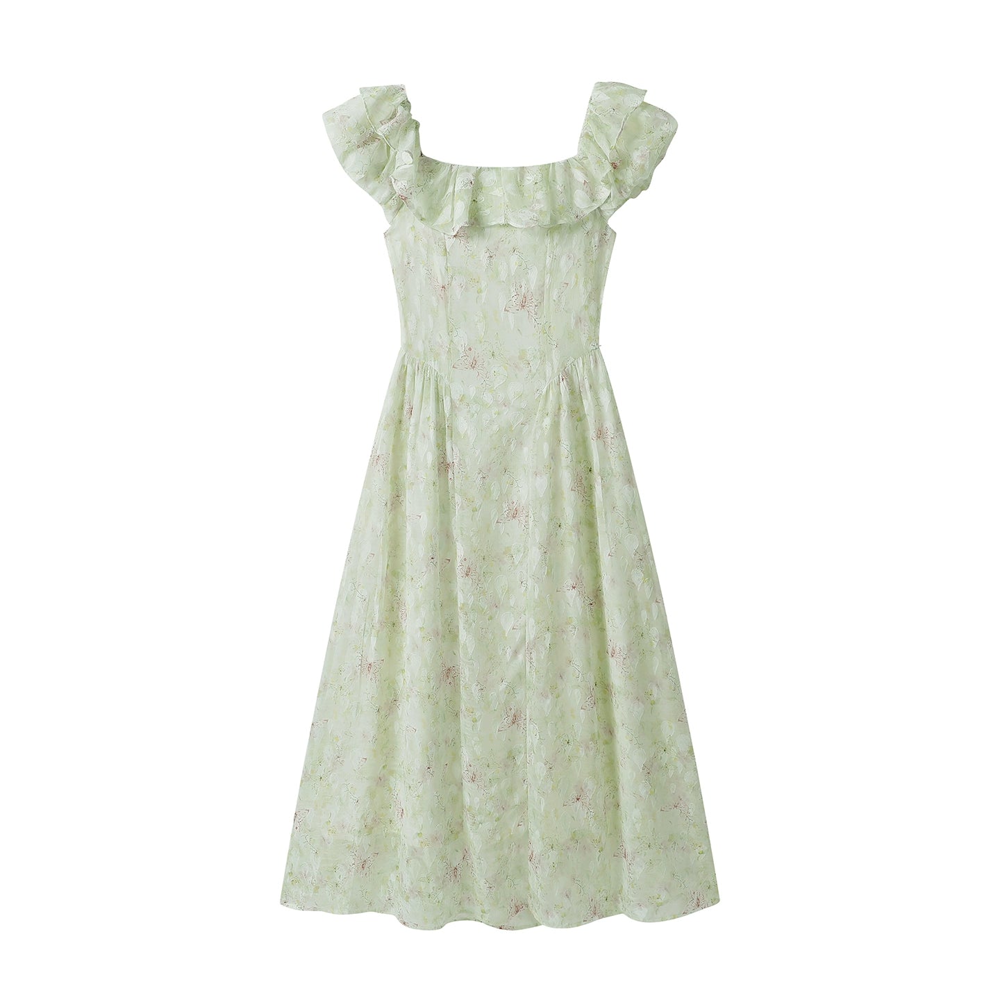 Vestido Midi Floral com Renda e Decote Quadrado 