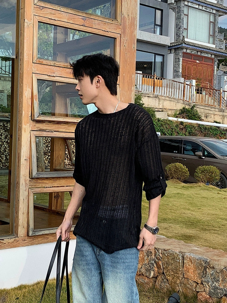 قميص بولو فضفاض بأكمام قابلة للتعديل من الكتان 